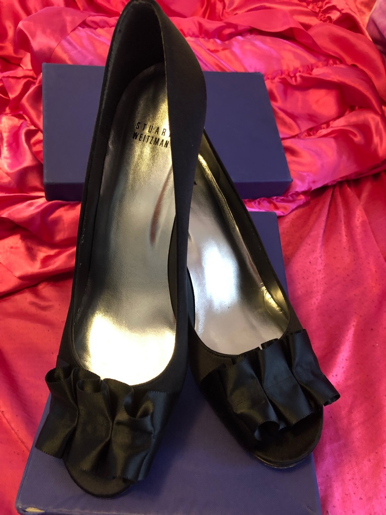 Stuart Weitzman Black Satin Peep-Toe Wedges With Ruffle Accent